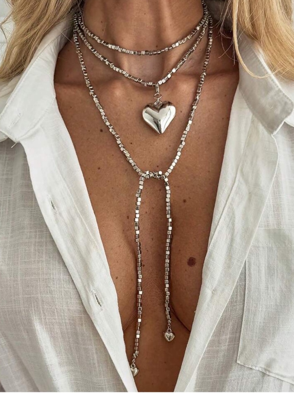 Silver Heart Lariat Wrap Long Necklace